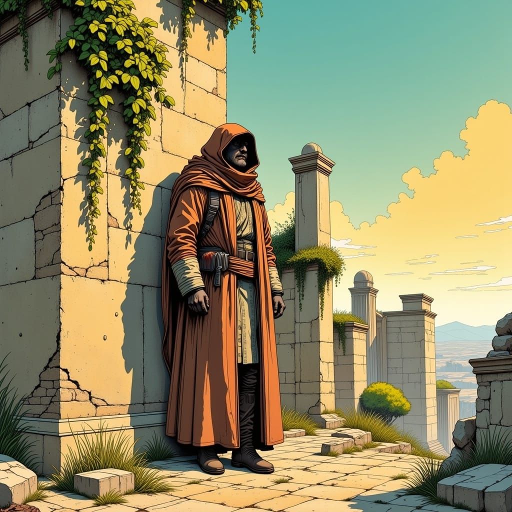 Pickpocket Climbs Garden Wall in Moebius Line Art