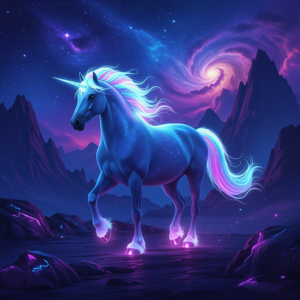 Cosmic Horse in a Fantasy Night Landscape