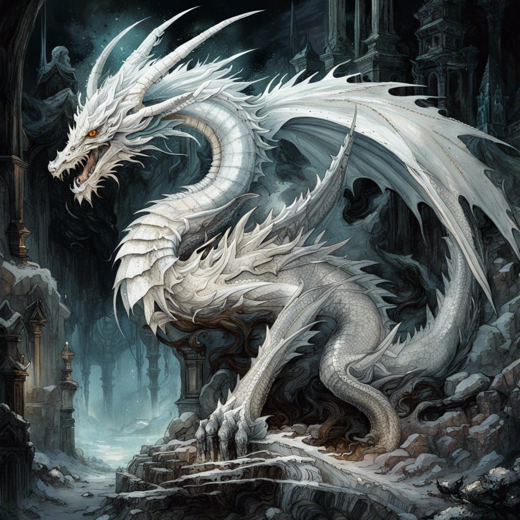 Eerie White Dragon Guards Graveyard in Dark Fantasy Art