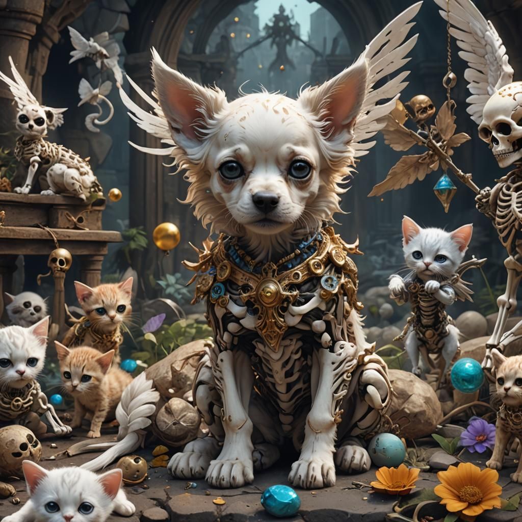 Adorable Angel Puppy and Kitten Skeletons in Detailed Painti...