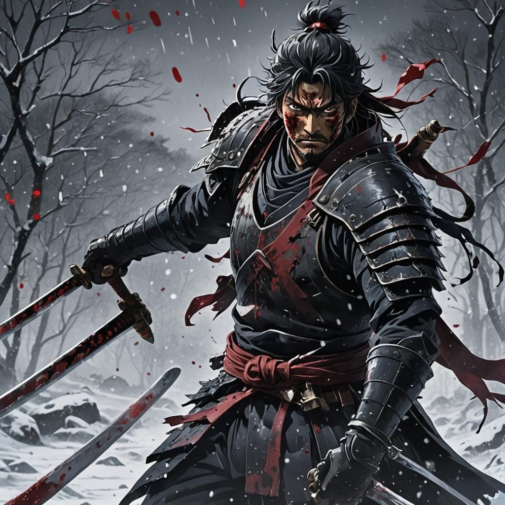 Bloody Samurai Victory on Snowy Battlefield: Dark Anime Art