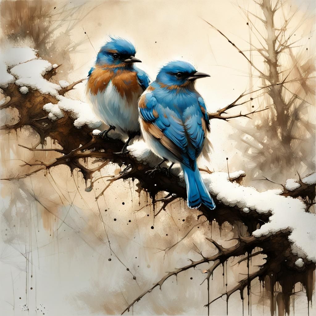 Bluebirds on Snowy Branch in Speedpaint Style