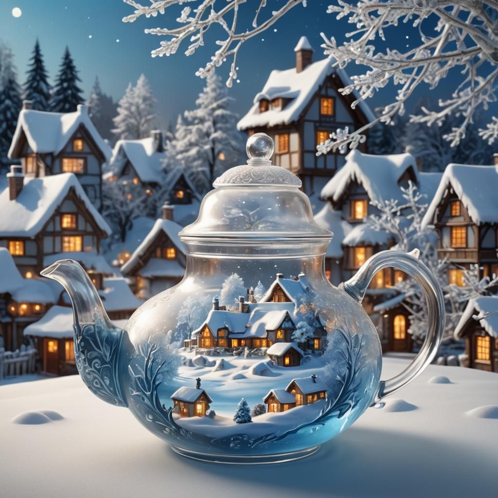 Winter Village Inside Ornate Glass Teapot