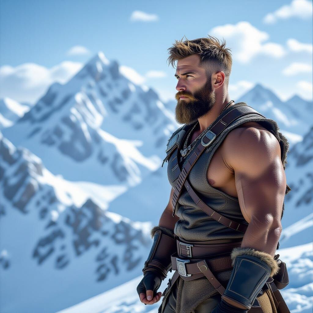 Bearded Man Surveys Mountain Vista in Photorealistic Style