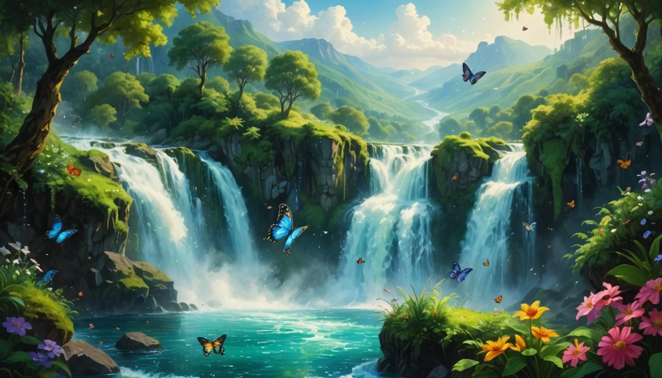 Enchanted Waterfall Landscape in Oil Painting Style