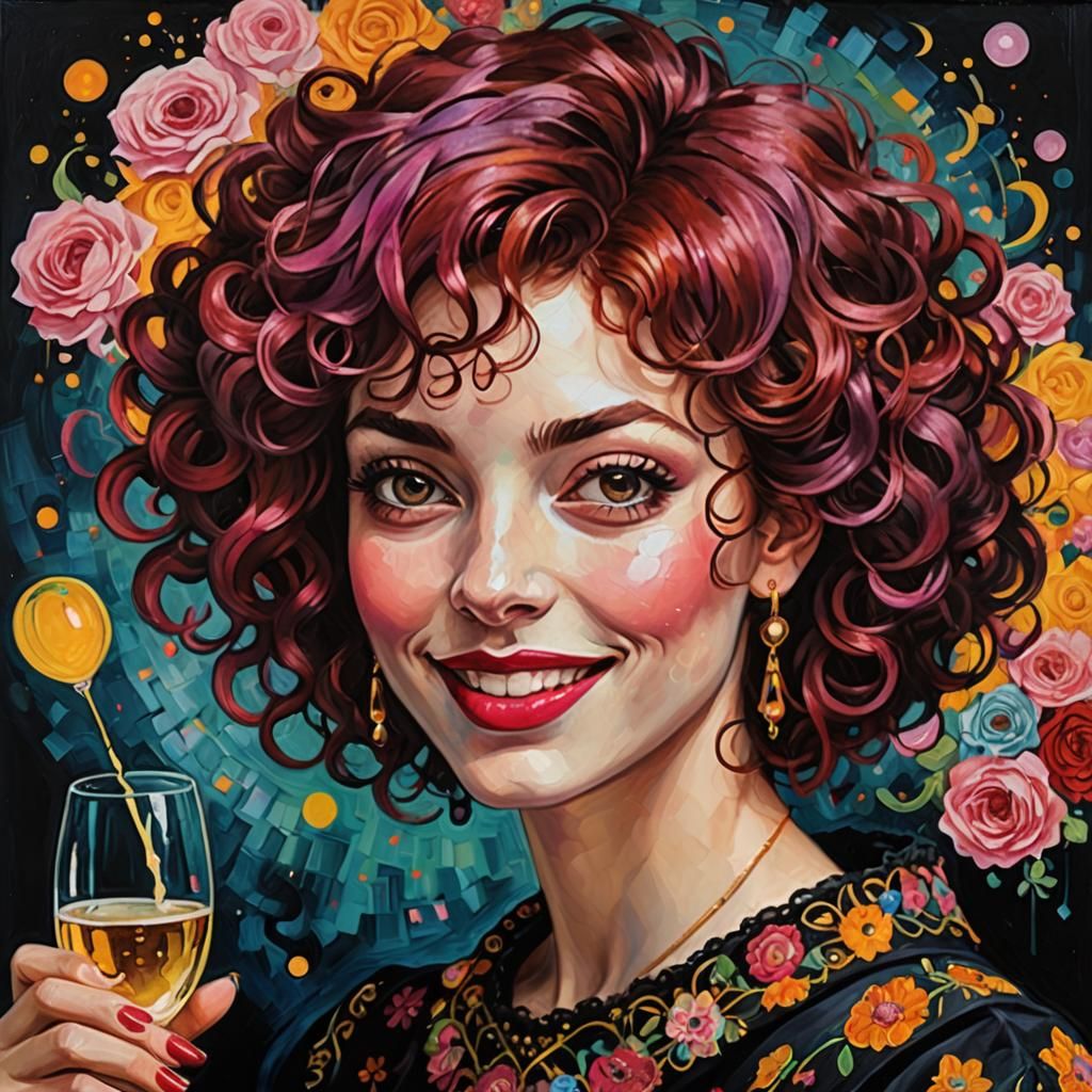 Cheerful Girl with Champagne: Surreal Oil Painting