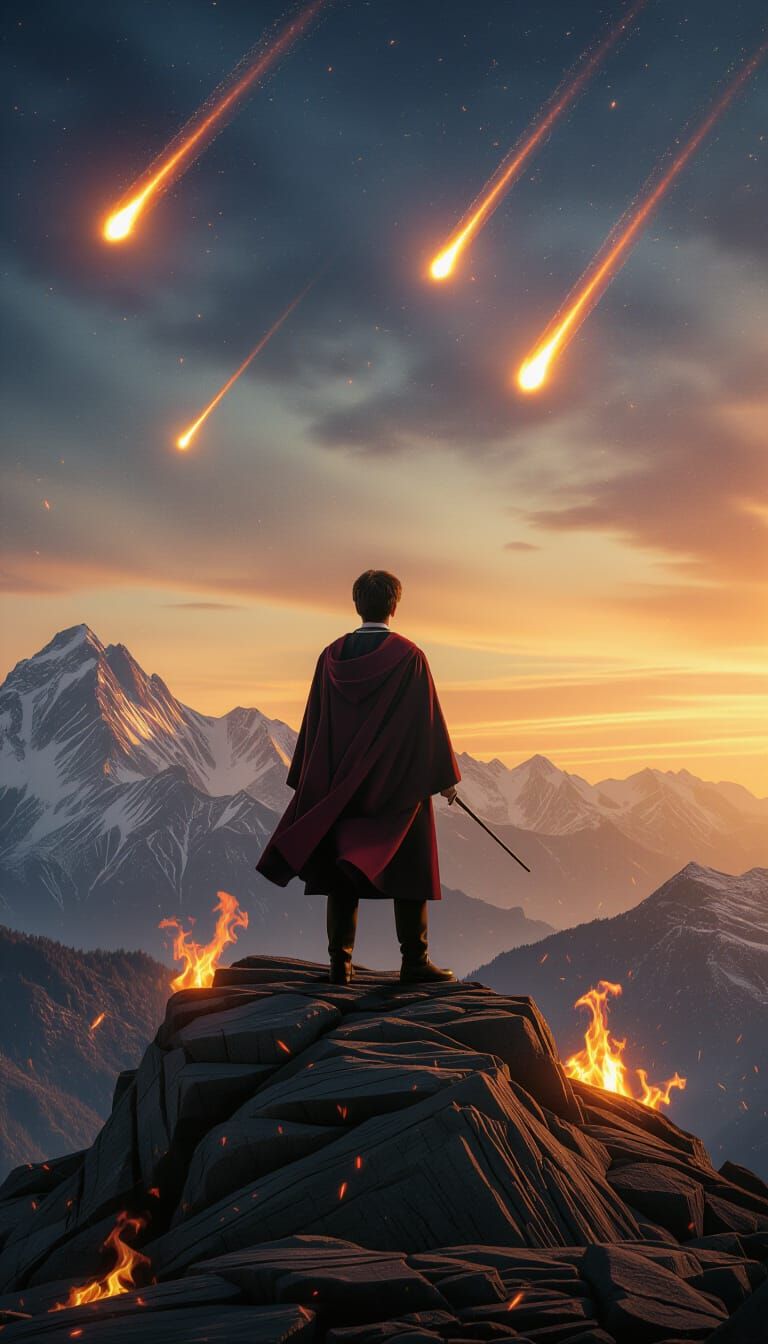 Harry Potter Amidst Flames and Comets in Cinematic Style