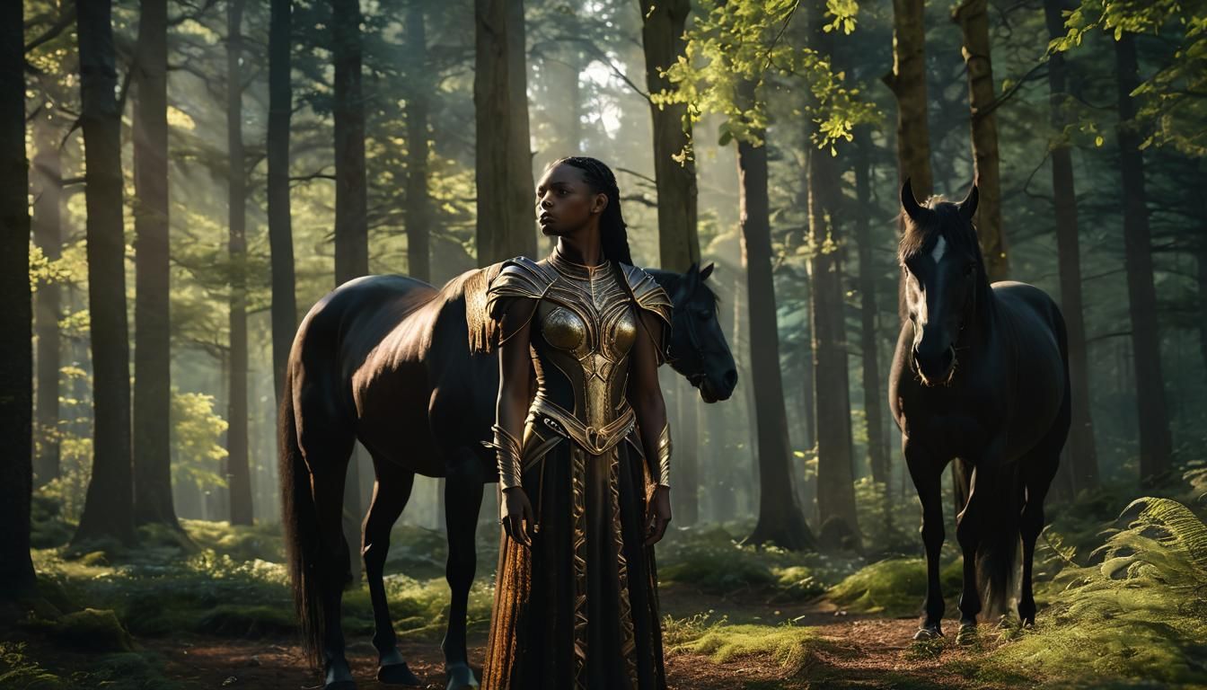 Majestic Elf Woman and Black Winged Horse in a Lush Spring F...