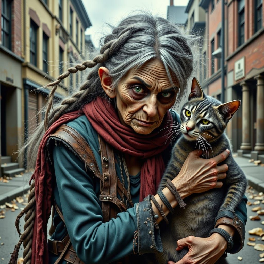 Post-Apocalyptic Woman with Cat in Neo-Impressionist Style
