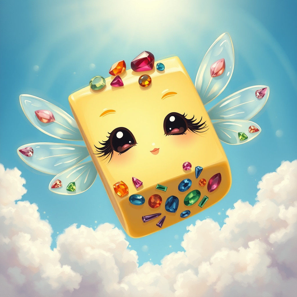 Whimsical Flying Butter with Gems in Cartoon Style