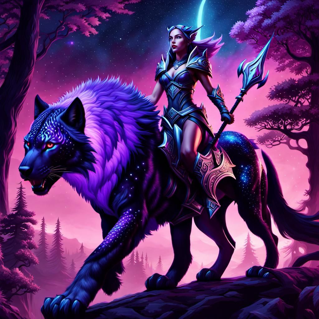 Night Elf on Light Creature in Bioluminescent Forest