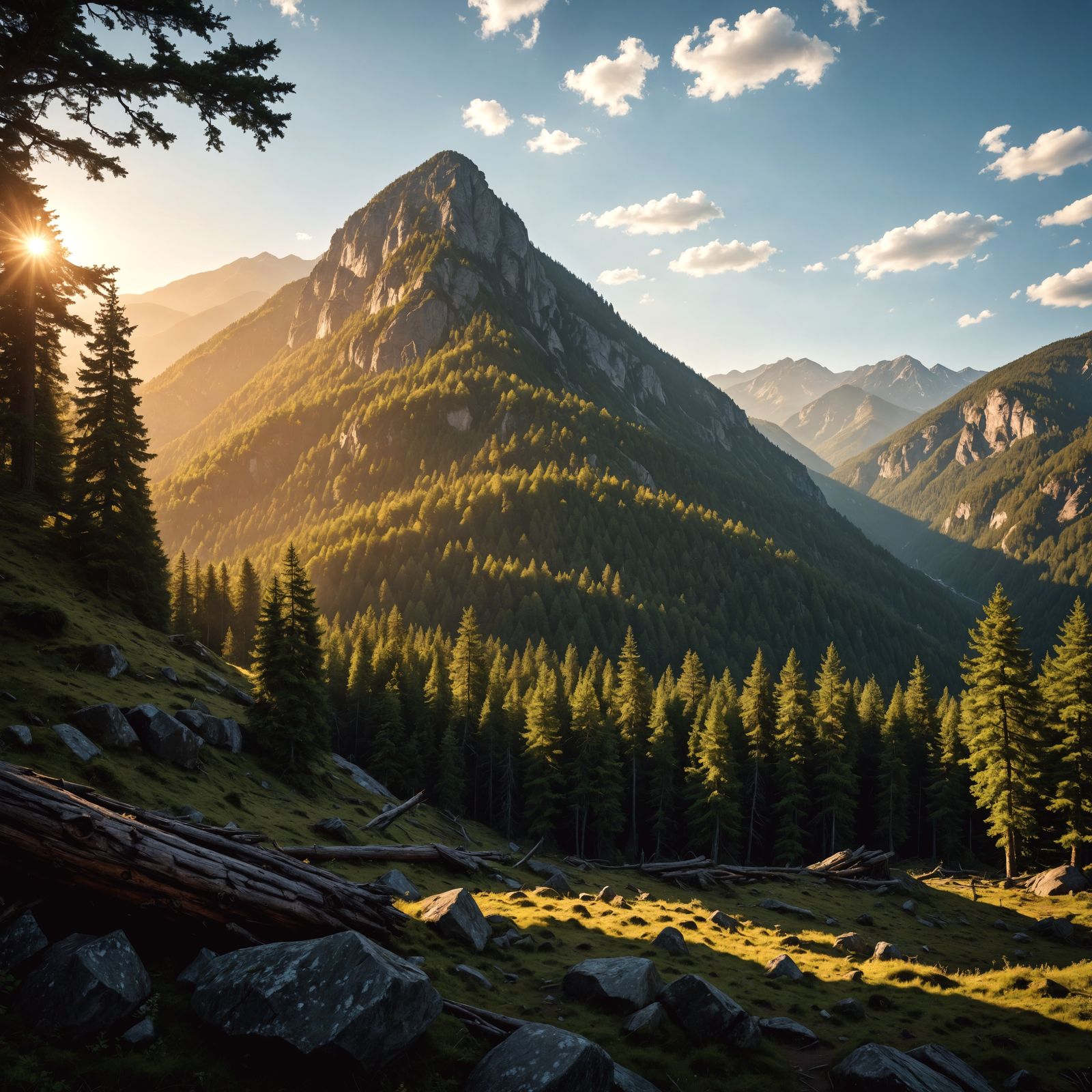 Hyperrealistic Mountainous Forest in Cinematic Style