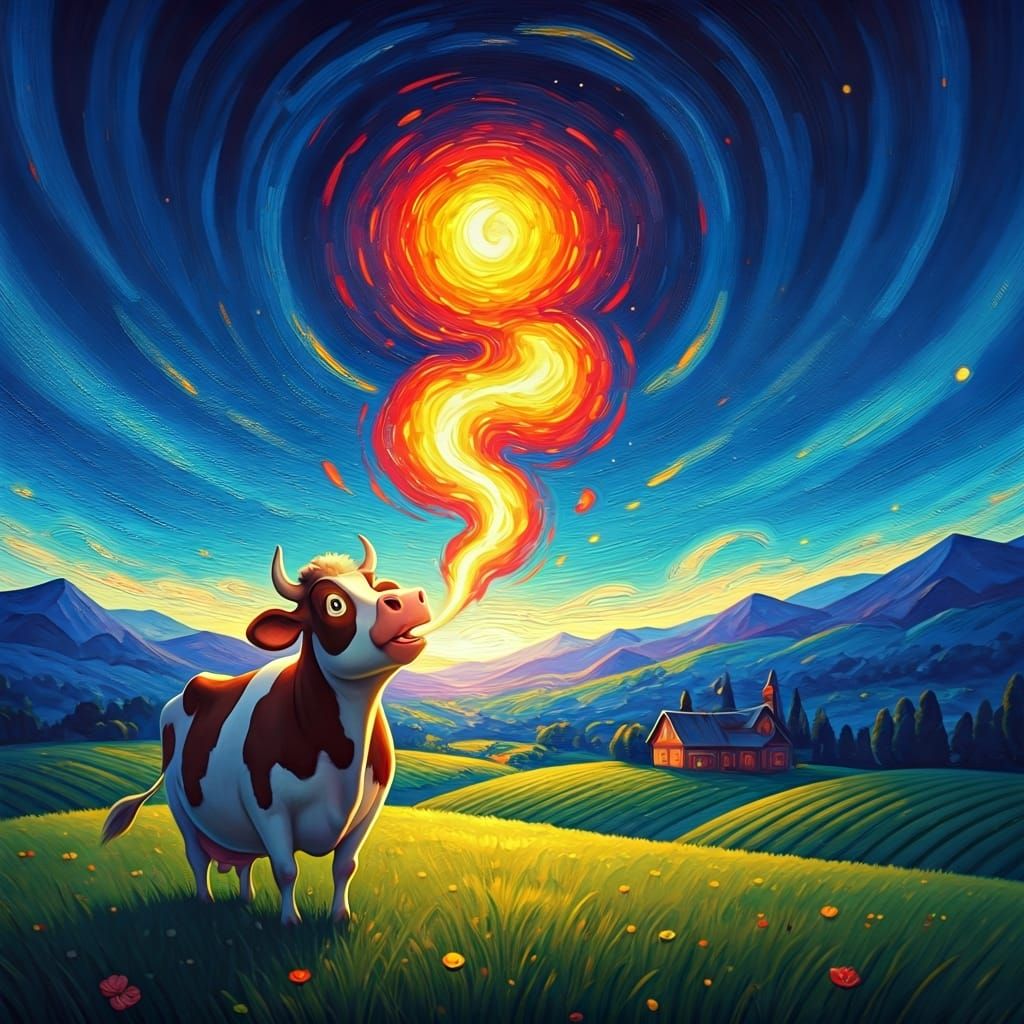 Fiery Cow in Starry Night: Painterly Impression