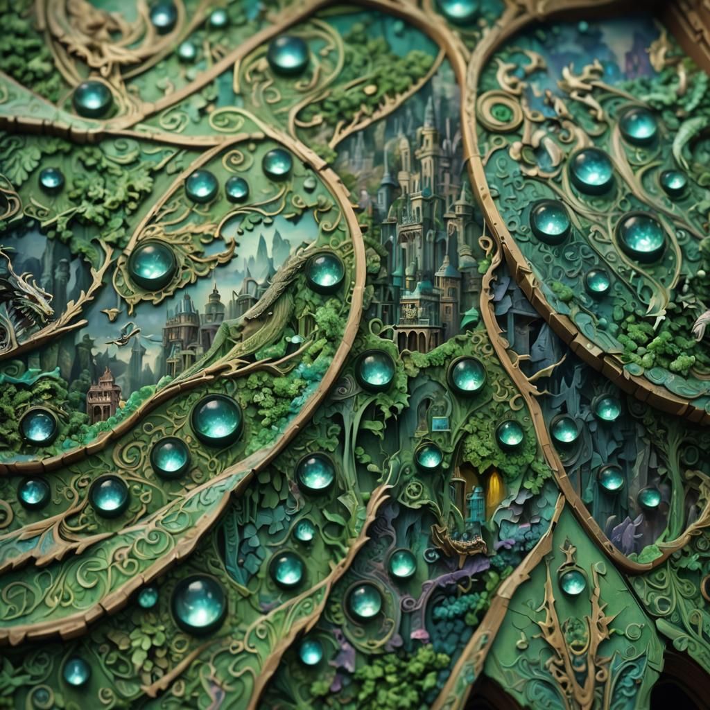 Fantasy Cityscape with Dragons in Lush Canyon