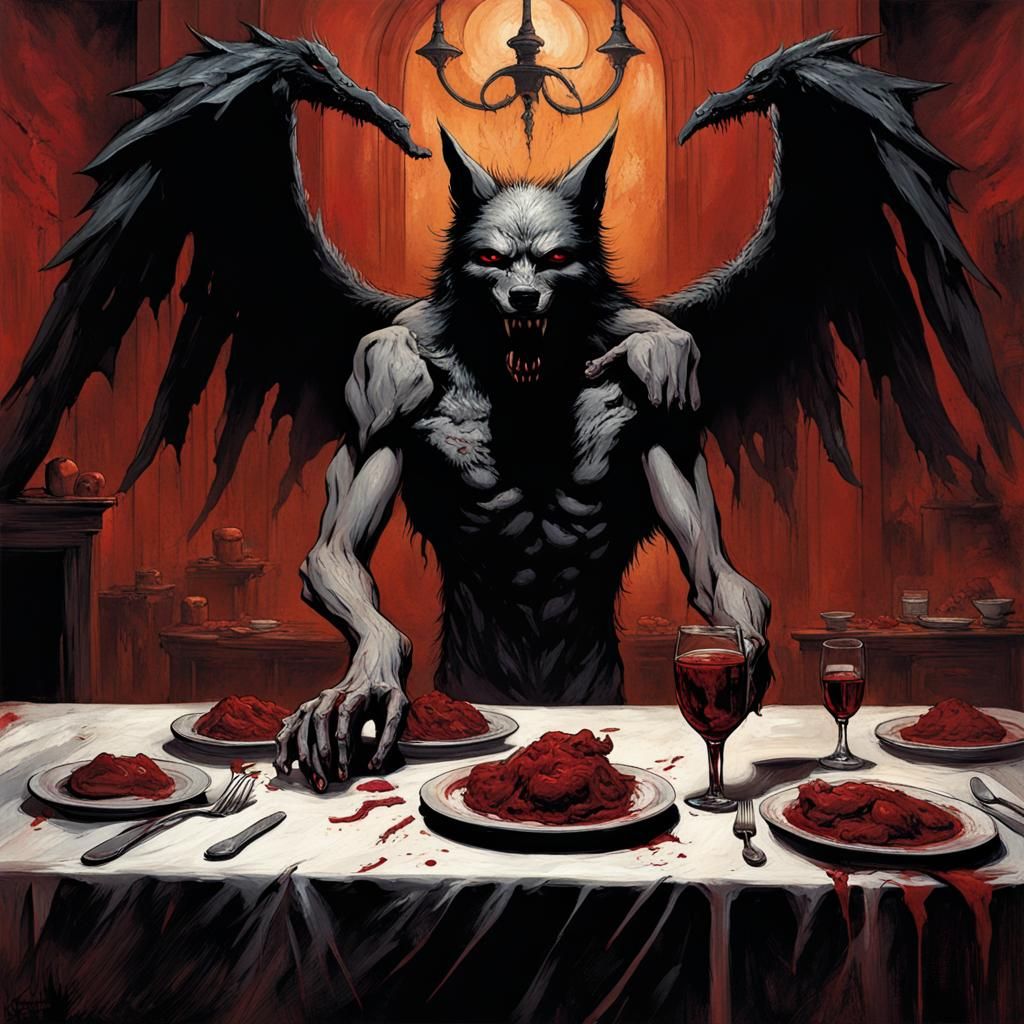 Winged Wolf Crashes Angelic Feast in Dark Illustration