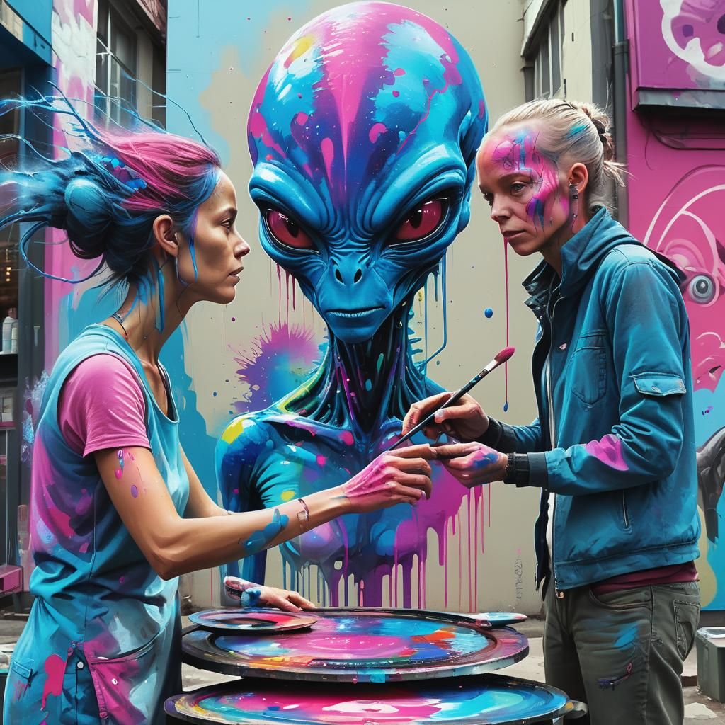 Alien Artist Painting Wife in Dynamic Splash Art