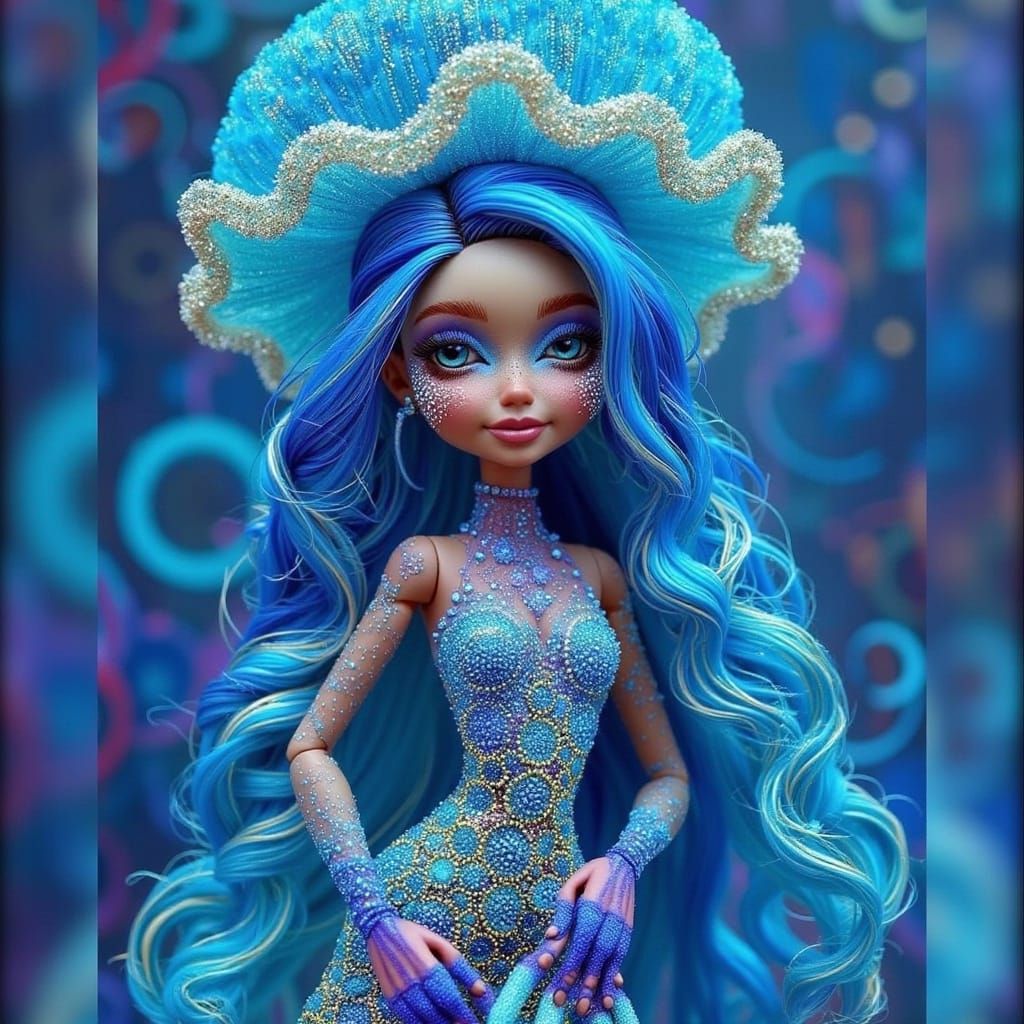 Ethereal Lagoona Blue Doll in Futuristic Coral Gown with Iri...