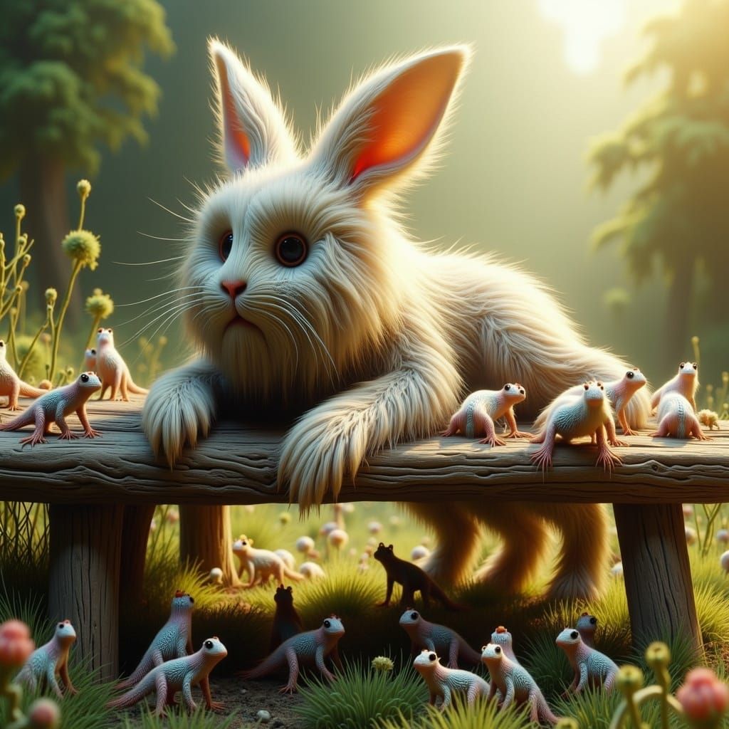 Rabbit and Lizards in Whimsical Watercolor Style