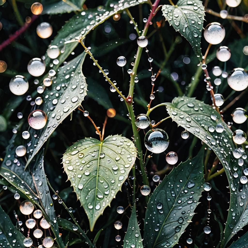 Surreal Dew Drops in Morning Light, Macro Photography