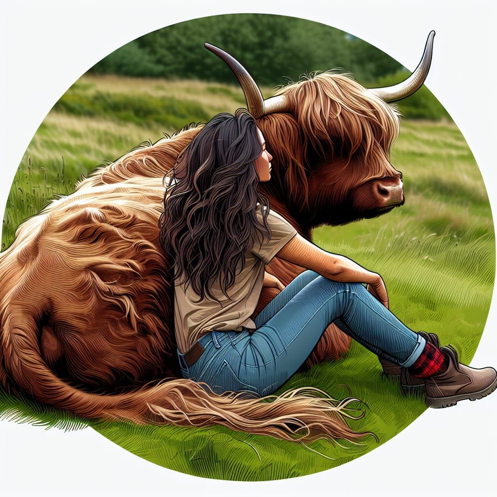 Woman and Highland Cow in Peaceful Meadow