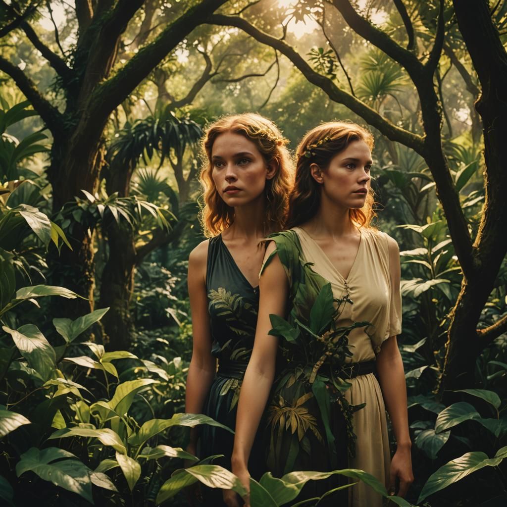 Eve and Lilith in Eden: A Cinematic Film Still