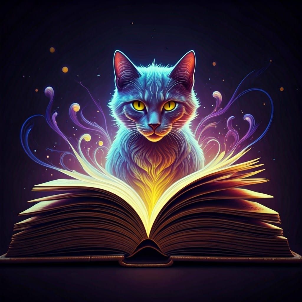 Ethereal Pop Art Cats in a Vibrant Dark Fantasy Magic Book