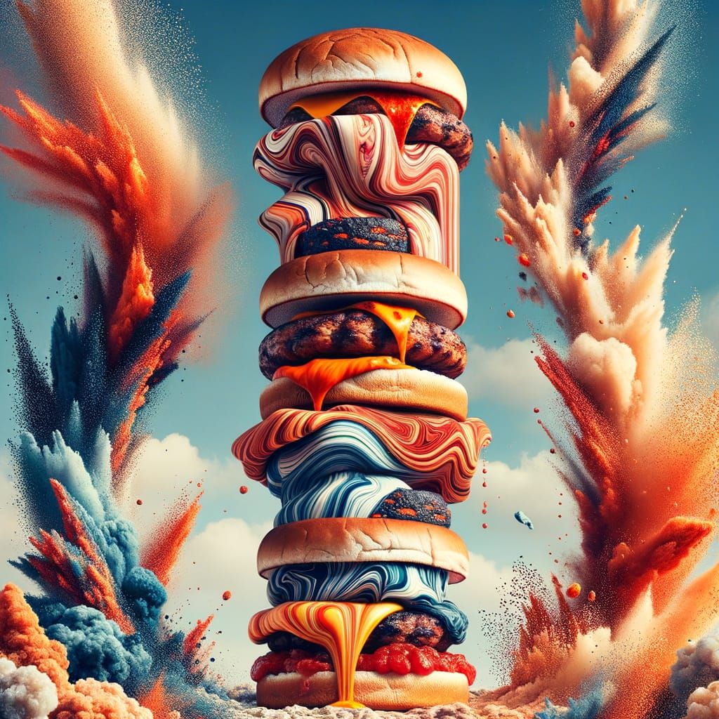 Towering Lava Burgers in Surreal Glitch Art Style