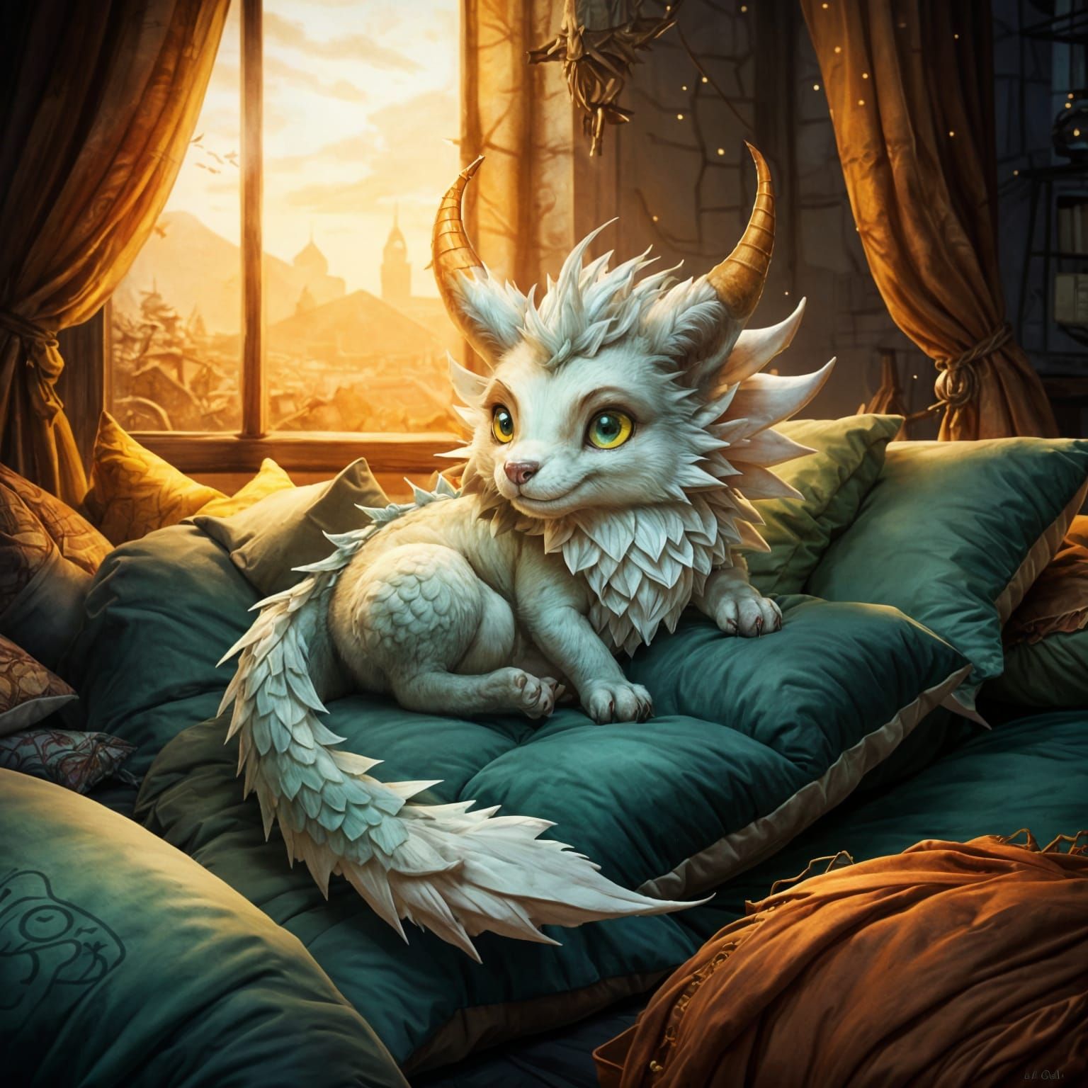 Adorable Dragon Lounging on Pillows, Digital Illustration
