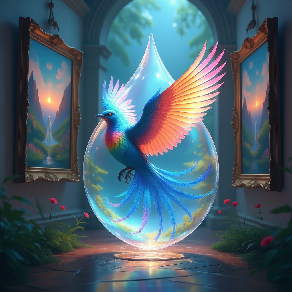 Radiant Rainbow Bird Releasing Surreal Creatures from Painti...