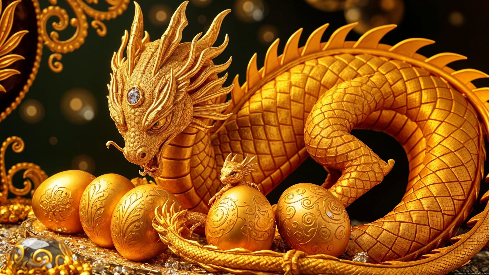 Golden Dragon Mother with Hatching Baby: Photorealistic Art