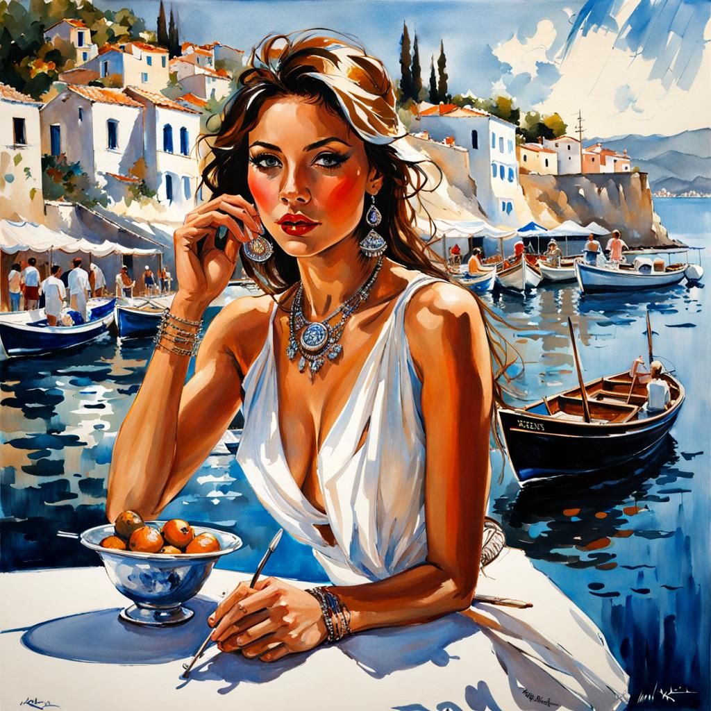 Greek Beauty in Harbour Scene: Ink Painting