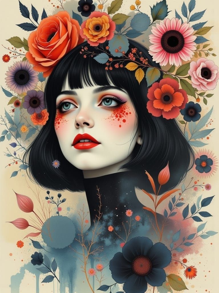 Gothic Surrealism: Watercolor Abstract of a Young Woman