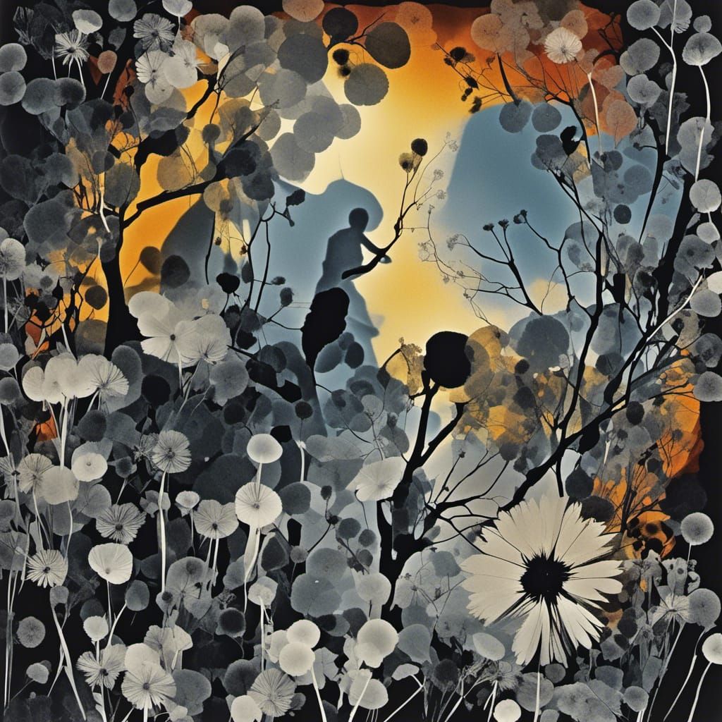 <lora:Photograms:1.0>  Create a Black and white photogram, a primitive photography technique that involves direct exposu...