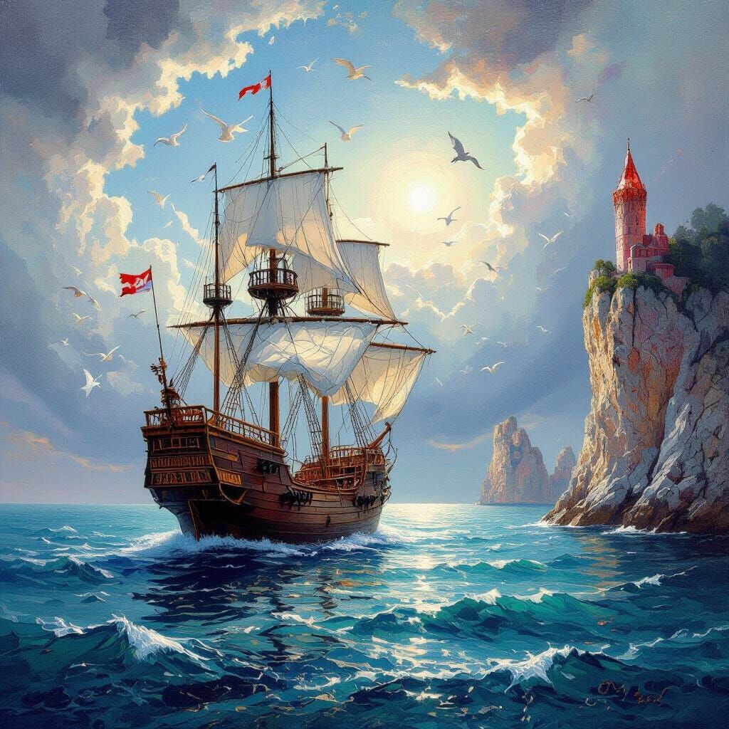 Impressionist Galleon Sails Dreamy Seascape Under Surreal Sk...