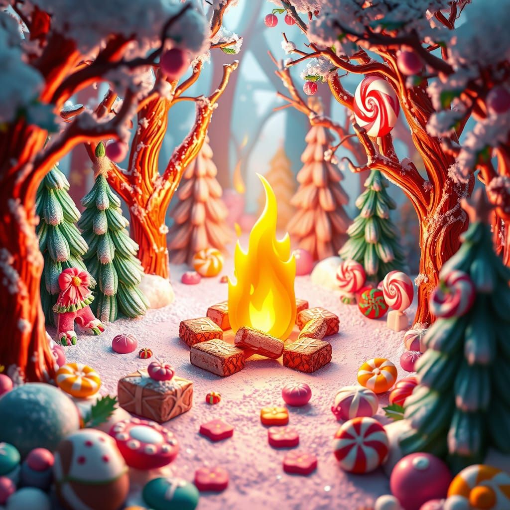 Whimsical Candy Wonderland Christmas Scene with Bonfire
