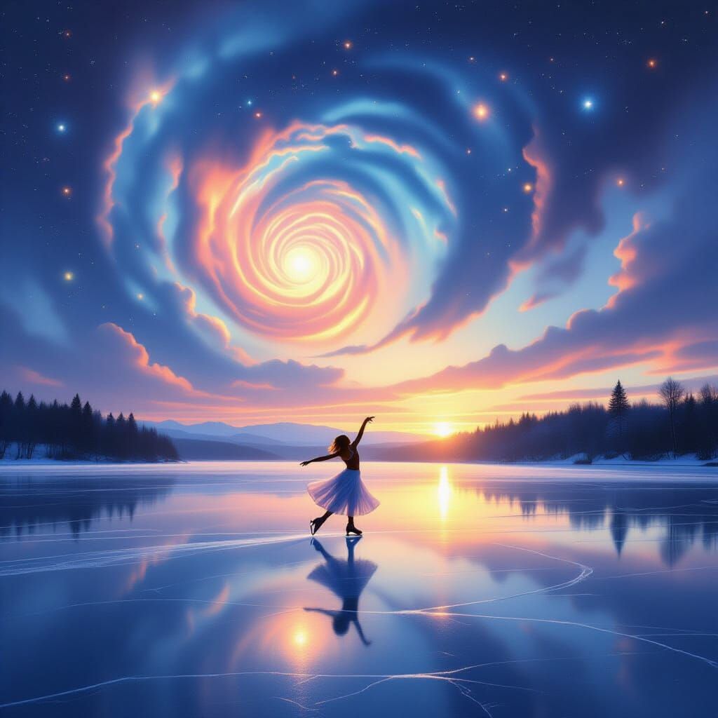 Figure Skater on Sky Lake Under Binary Sunset