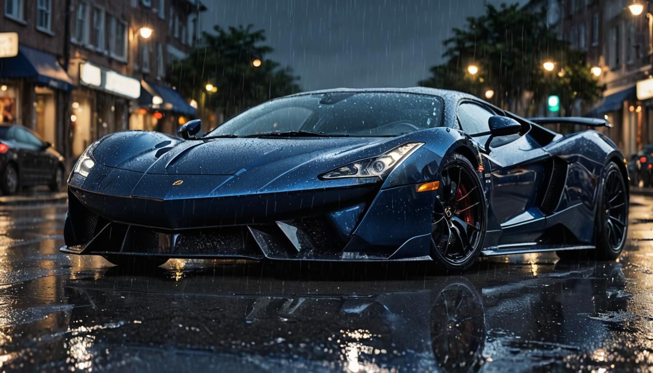 Blue Supercar Parked on Rainy Street: Photorealistic Art