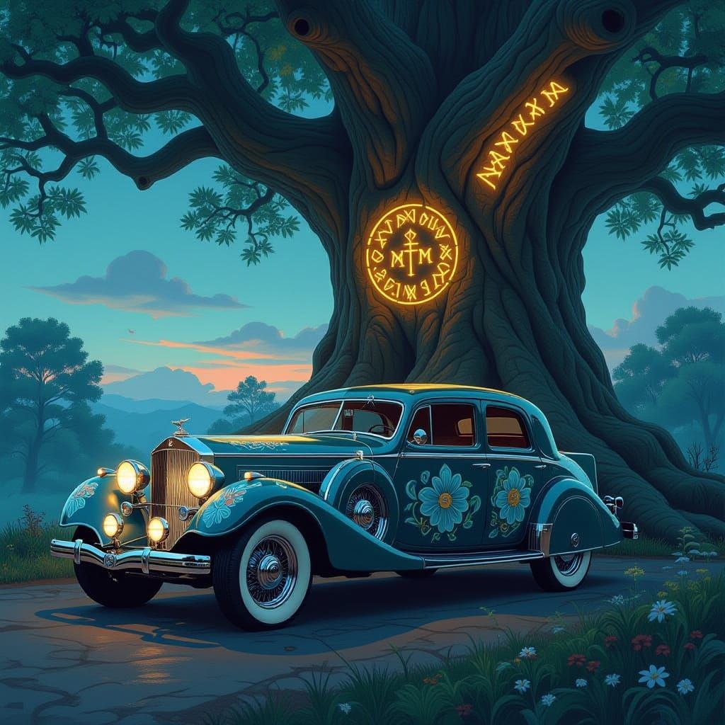 Vintage Car & Ancient Tree in Twilight