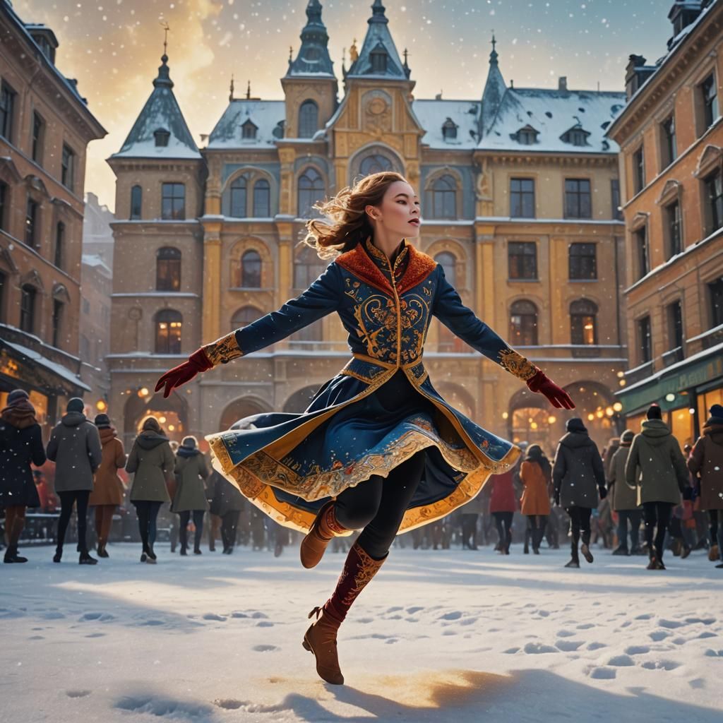 Vibrant Dancer Leaps in Fauvist Winter Scene
