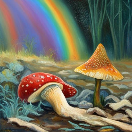Amanita Muscaria Under Rainbow as Oil Painting