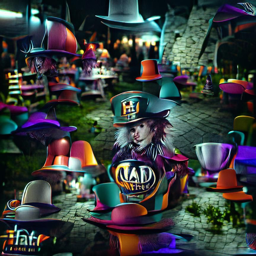 Mad hatter dark fantasy at night, VRay, colourful