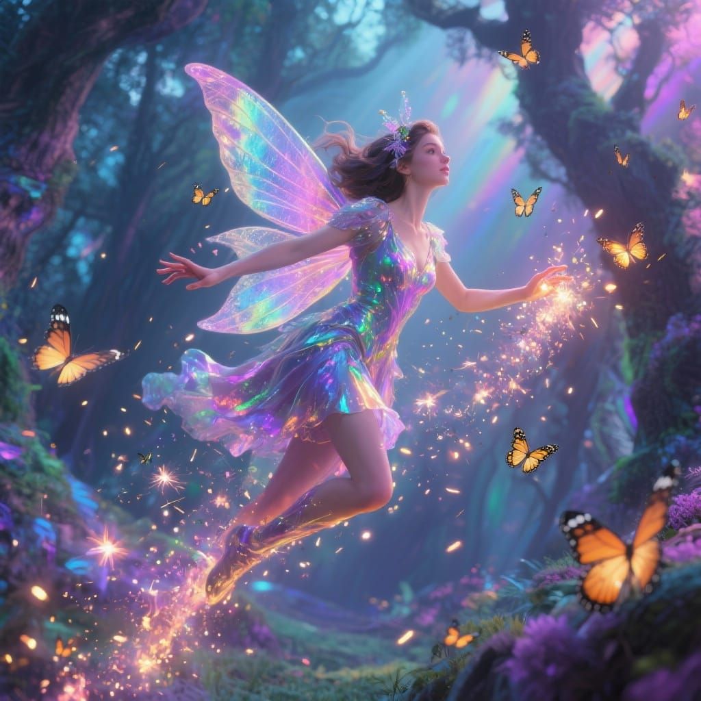Iridescent Fairy Flight Through Enchanted Forest