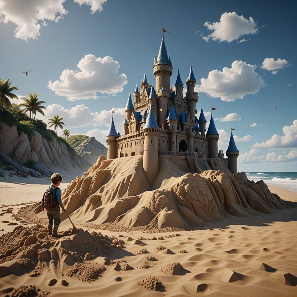 Child's Giant Sandcastle: Photorealistic Beach Scene