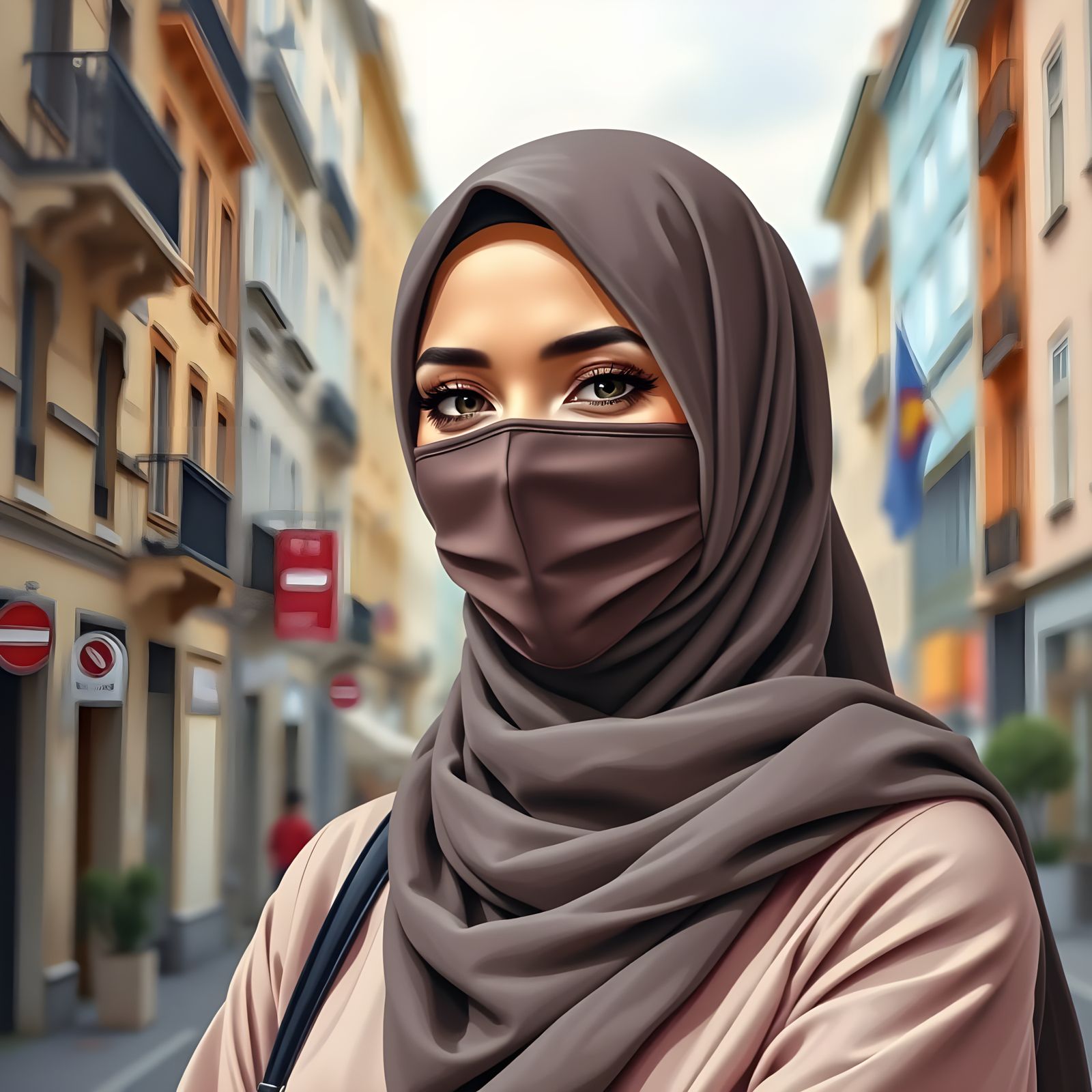 European Hijabi Businesswoman in Modern City Painting