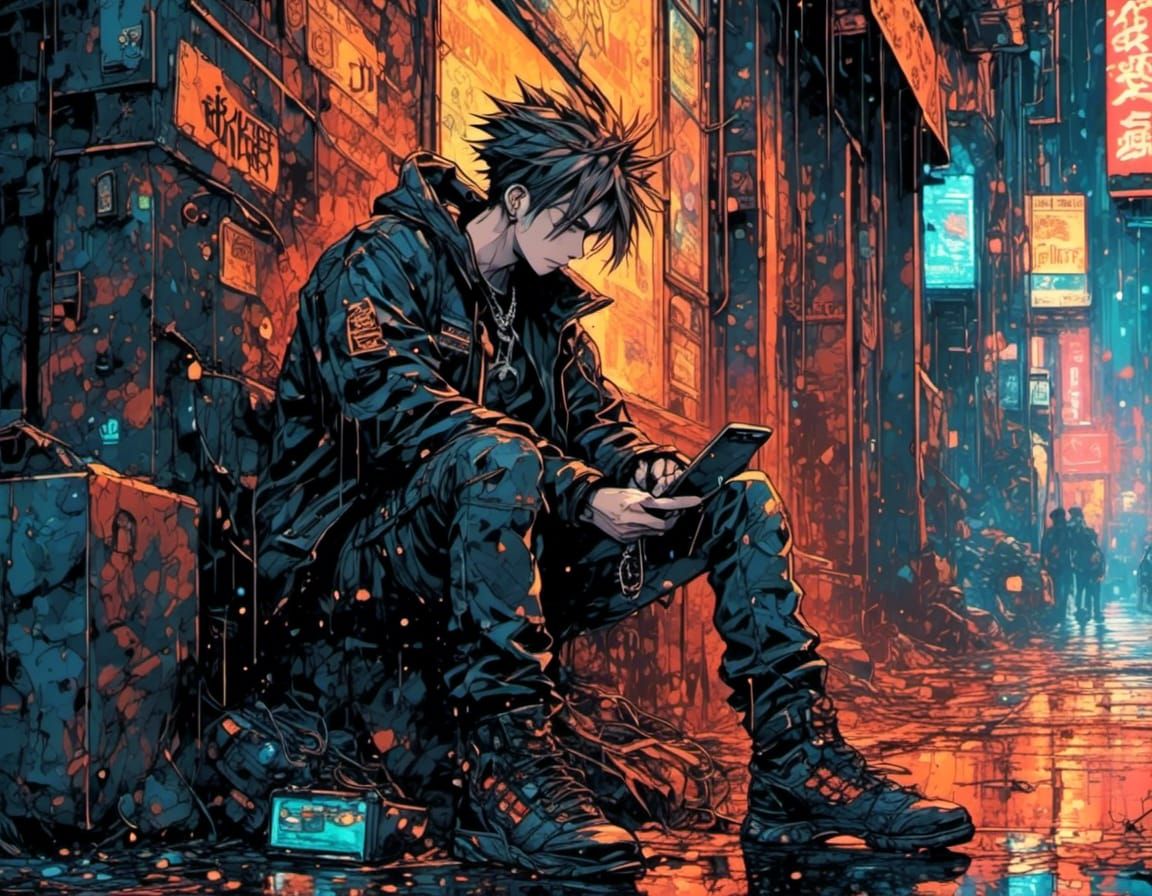 Cyberpunk Punk Checking Phone in Rainy Alley