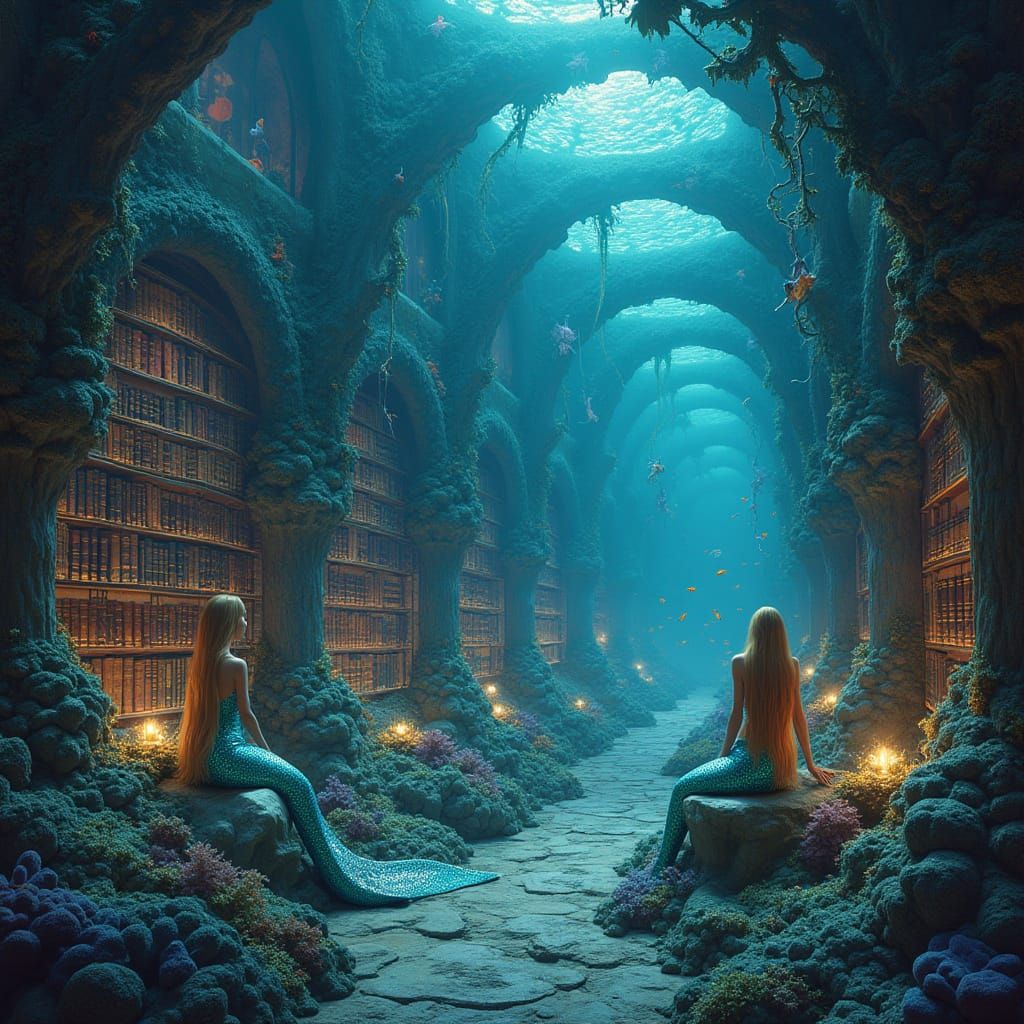 Mystical Oceanic Library with Mermaids Reading