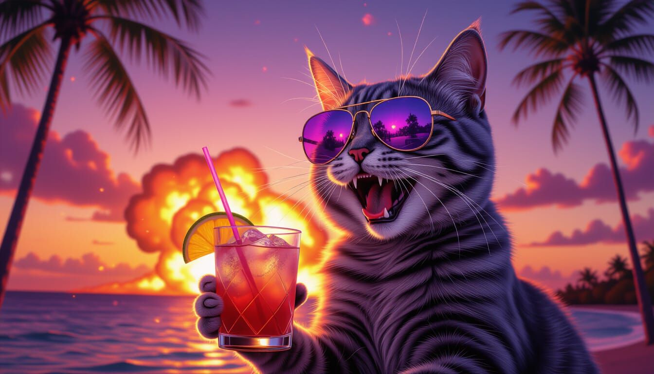 Cat in Sunglasses with Synthwave Sunset