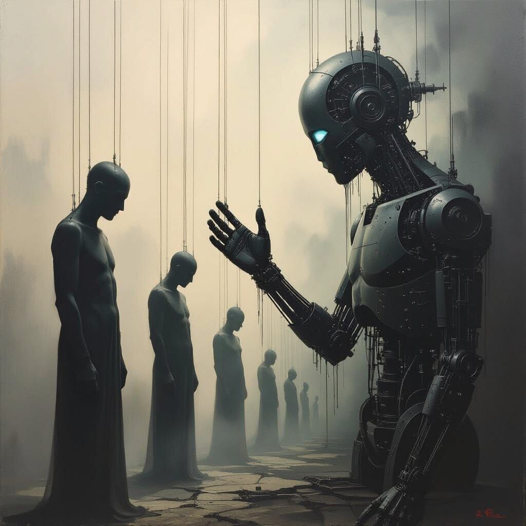 Surrealist Painting of Humans Enslaved by Technology