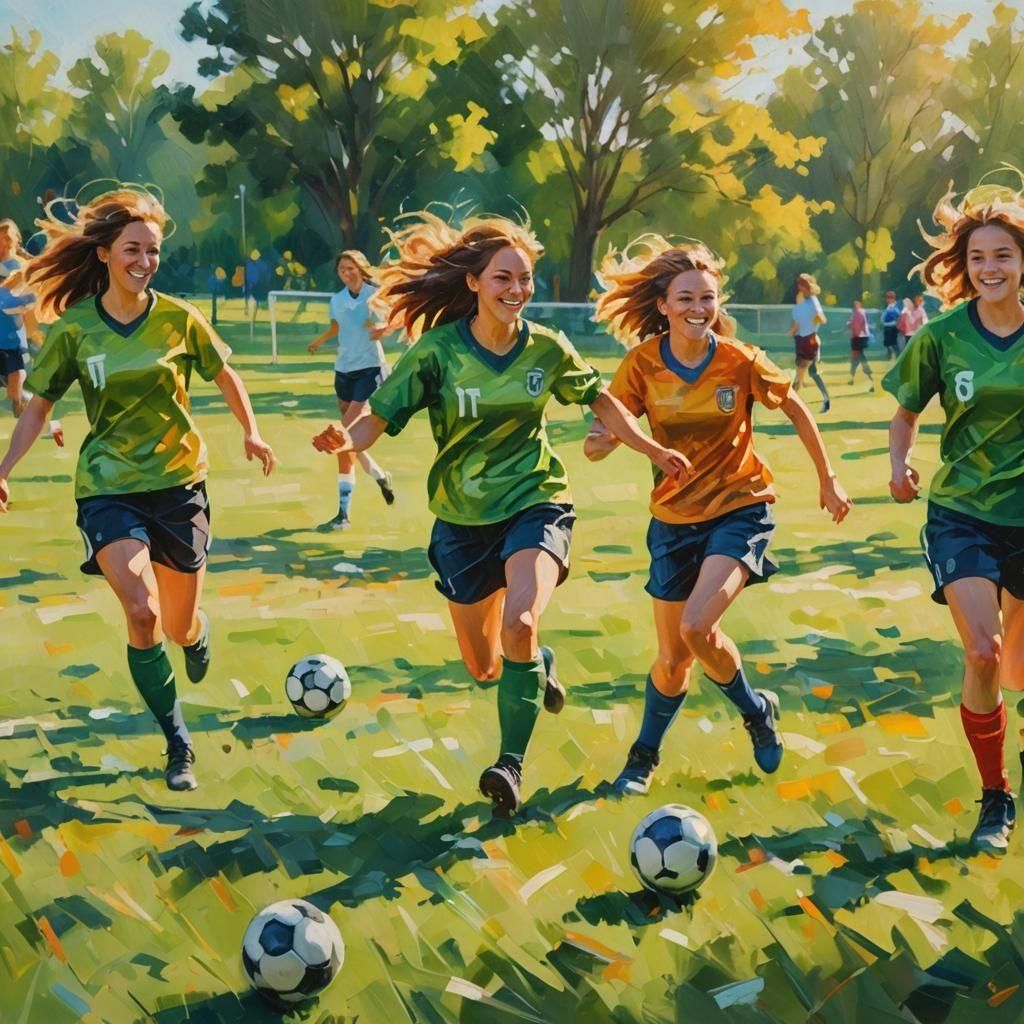 Smiling Girls Playing Football on Soccer Field