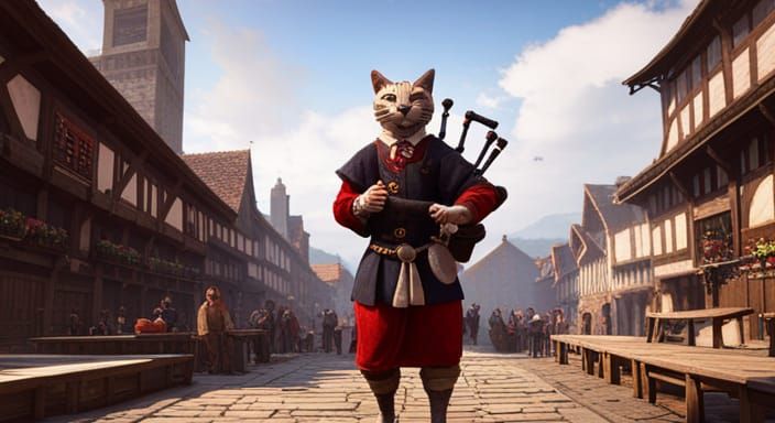 Tabaxi Bagpiper in Medieval Plaza, 3D Game Art